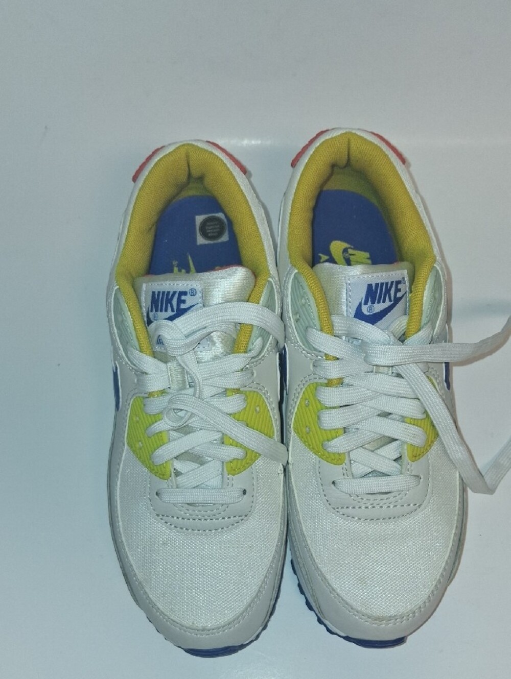 Nike Air Max 90 White Athletic Sneakers with Blue Swoosh and Yellow & Coral - Picture 5 of 7